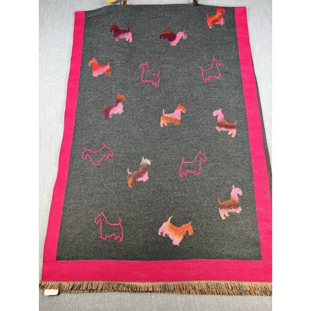 Scottie Dog Scarf Pink Gray Fringe Wrap Shawl‎ Womens Soft Cozy NWT 75
